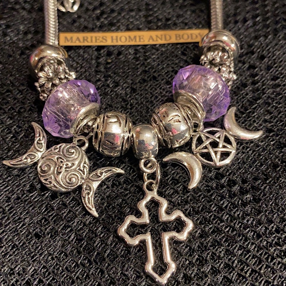 Charm Bracelet Pentagram Celtic Knot Triple Moon Hecate Silver Purple Jewelry